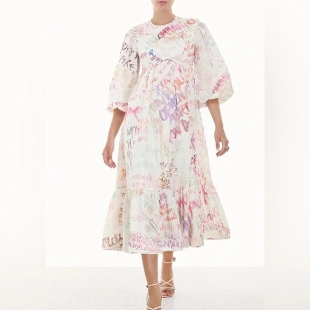 Zimmermann Dancer Panelled Bodice Dress - Ivory Graffiti Print - Size 2 (US 8)